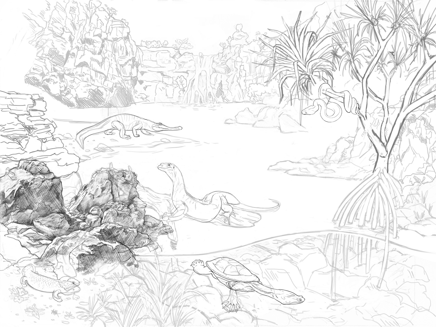 Testing rough sketches, final graphic transfer rocks, and reptile line work together.